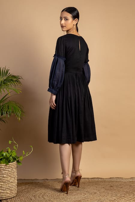 Shop Doodlage Black Upcycled Cotton Round Sophia Midi Dress at Aza Fashions Shop_Doodlage_Black Upcycled Cotton Round Sophia Midi Dress _at_Aza_Fashions