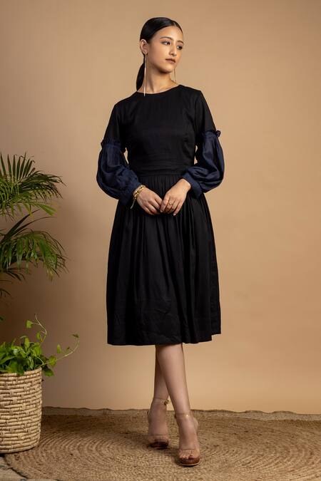 Doodlage Black Upcycled Cotton Round Sophia Midi Dress Online at Aza Fashions Doodlage_Black Upcycled Cotton Round Sophia Midi Dress _Online_at_Aza_Fashions