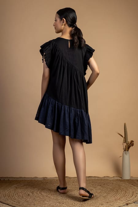 Shop Doodlage Black Upcycled Cotton Round Laurie Ruffle Sleeves Dress at Aza Fashions Shop_Doodlage_Black Upcycled Cotton Round Laurie Ruffle Sleeves Dress _at_Aza_Fashions