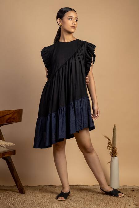 Doodlage Black Upcycled Cotton Round Laurie Ruffle Sleeves Dress Online at Aza Fashions Doodlage_Black Upcycled Cotton Round Laurie Ruffle Sleeves Dress _Online_at_Aza_Fashions