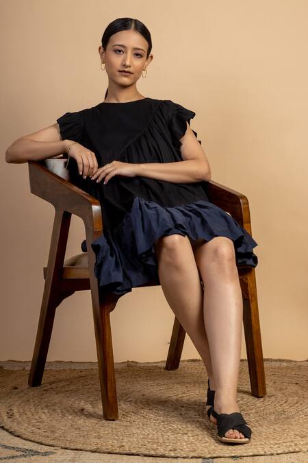 Shop Doodlage Black Upcycled Cotton Round Laurie Ruffle Sleeves Dress Online at Aza Fashions Shop_Doodlage_Black Upcycled Cotton Round Laurie Ruffle Sleeves Dress _Online_at_Aza_Fashions