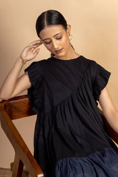 Doodlage Black Upcycled Cotton Round Laurie Ruffle Sleeves Dress at Aza Fashions Doodlage_Black Upcycled Cotton Round Laurie Ruffle Sleeves Dress _at_Aza_Fashions