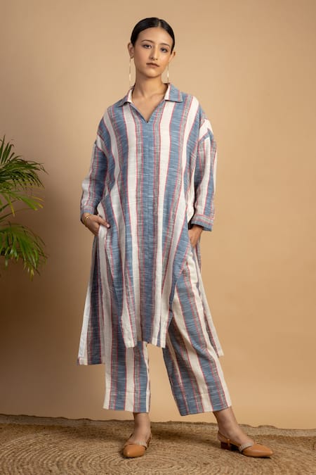 Doodlage Multi Color Upcycled Cotton Spread Collar Blake Stripe Pattern Tunic And Pant Set