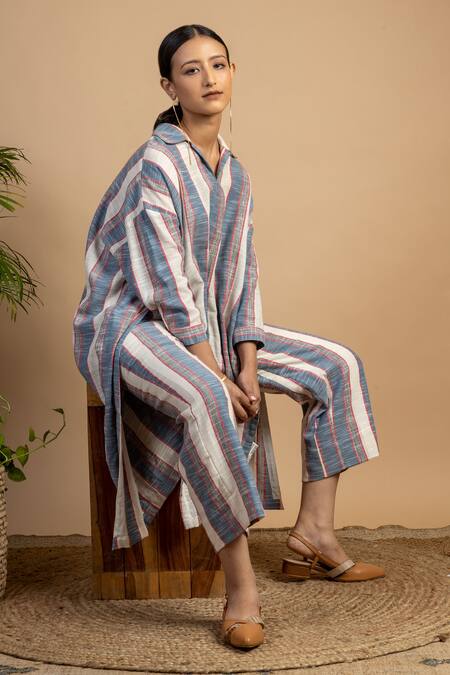 Doodlage Multi Color Upcycled Cotton Spread Collar Blake Stripe Pattern Tunic And Pant Set Online at Aza Fashions Doodlage_Multi Color Upcycled Cotton Spread Collar Blake Stripe Pattern Tunic And Pant Set_Online_at_Aza_Fashions