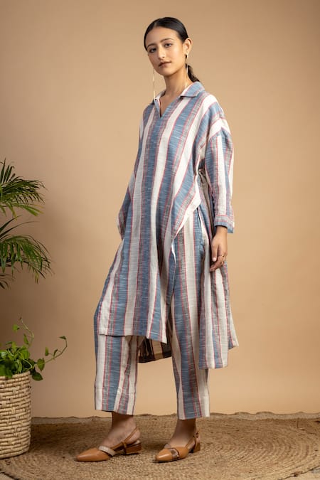 Buy Doodlage Multi Color Upcycled Cotton Spread Collar Blake Stripe Pattern Tunic And Pant Set Online at Aza Fashions Buy_Doodlage_Multi Color Upcycled Cotton Spread Collar Blake Stripe Pattern Tunic And Pant Set_Online_at_Aza_Fashions