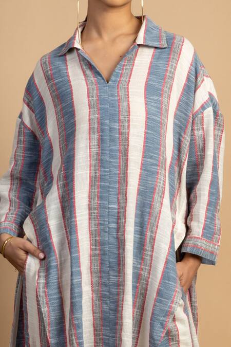 Shop Doodlage Multi Color Upcycled Cotton Spread Collar Blake Stripe Pattern Tunic And Pant Set Online at Aza Fashions Shop_Doodlage_Multi Color Upcycled Cotton Spread Collar Blake Stripe Pattern Tunic And Pant Set_Online_at_Aza_Fashions