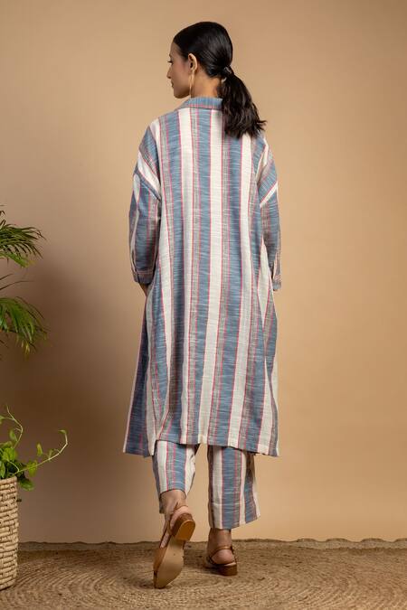 Shop Doodlage Multi Color Upcycled Cotton Spread Collar Blake Stripe Pattern Tunic at Aza Fashions Shop_Doodlage_Multi Color Upcycled Cotton Spread Collar Blake Stripe Pattern Tunic_at_Aza_Fashions