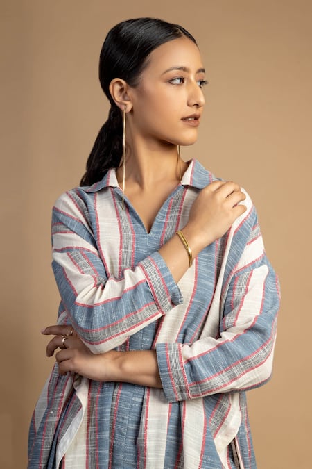 Shop Doodlage Multi Color Upcycled Cotton Spread Collar Blake Stripe Pattern Tunic Online at Aza Fashions Shop_Doodlage_Multi Color Upcycled Cotton Spread Collar Blake Stripe Pattern Tunic_Online_at_Aza_Fashions