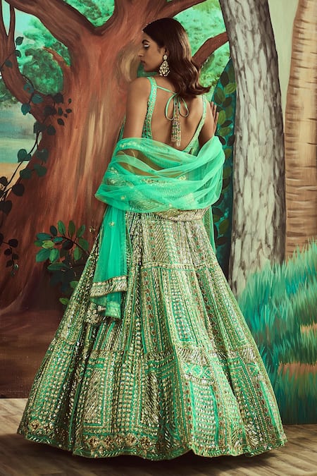 Shop Angad Singh Green Dupatta Net, Lehenga And Blouse Organza Hand Embroidered Bridal Set at Aza Fashions Shop_Angad Singh_Green Dupatta Net, Lehenga And Blouse Organza Hand Embroidered Bridal Set _at_Aza_Fashions