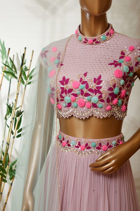 Shop_Dinesh Malkani_Pink High Neck Embroidered Lehenga Set _Online_at_Aza_Fashions