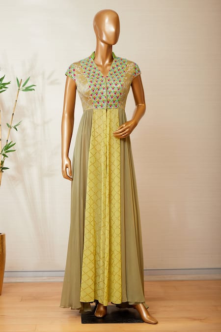 Dinesh Malkani_Yellow Mandarin Collar Embroidered Anarkali With Dupatta  _Online_at_Aza_Fashions