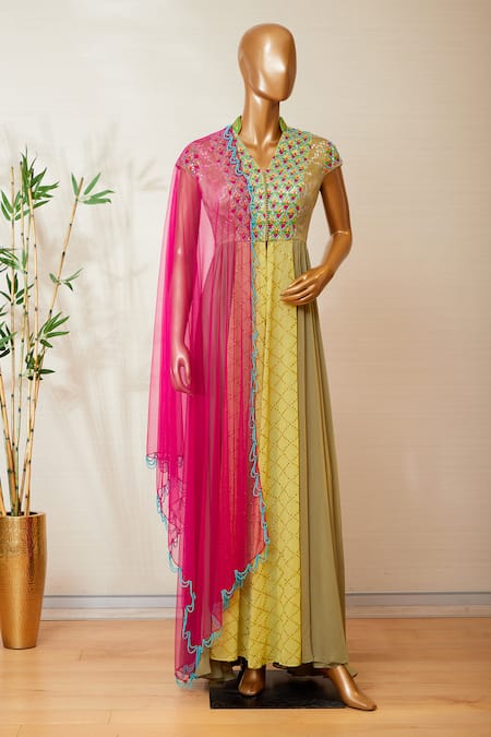 Buy_Dinesh Malkani_Yellow Mandarin Collar Embroidered Anarkali With Dupatta  _Online_at_Aza_Fashions