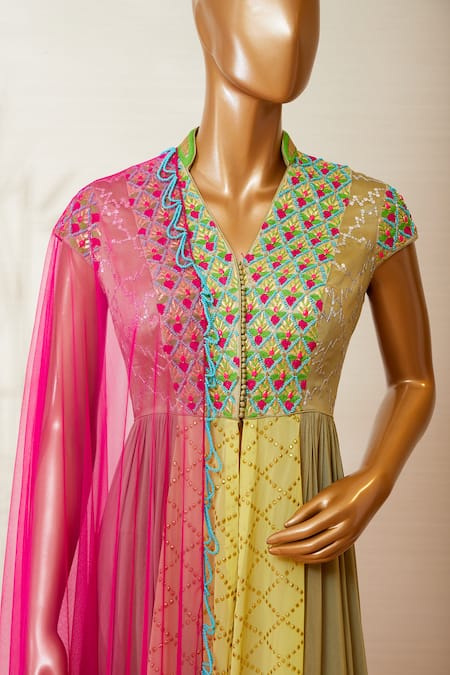 Shop_Dinesh Malkani_Yellow Mandarin Collar Embroidered Anarkali With Dupatta  _Online_at_Aza_Fashions