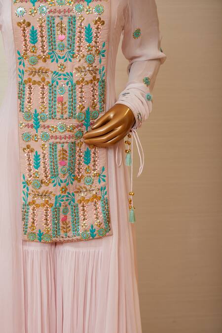 Dinesh Malkani_Pink Boat Embroidered Kurta And Sharara Set  _at_Aza_Fashions
