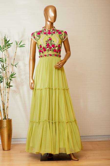 Dinesh Malkani_Yellow High Neck Embroidered Anarkali With Dupatta  _Online_at_Aza_Fashions