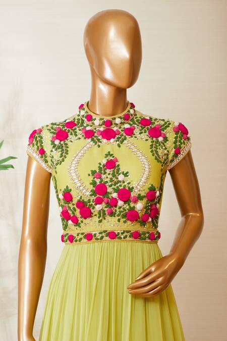 Buy_Dinesh Malkani_Yellow High Neck Embroidered Anarkali With Dupatta  _Online_at_Aza_Fashions