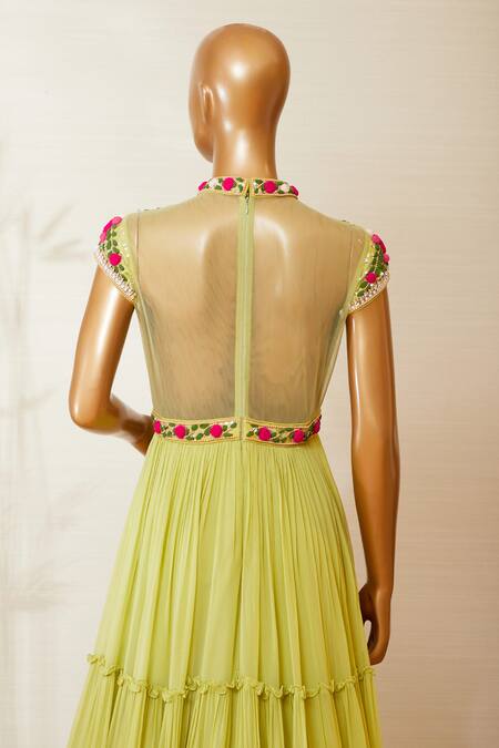 Shop_Dinesh Malkani_Yellow High Neck Embroidered Anarkali With Dupatta  _Online_at_Aza_Fashions