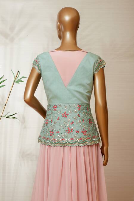 Buy_Dinesh Malkani_Blue Round Flared Gown With Embroidered Jacket  _Online_at_Aza_Fashions