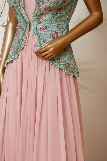 Shop_Dinesh Malkani_Blue Round Flared Gown With Embroidered Jacket  _Online_at_Aza_Fashions