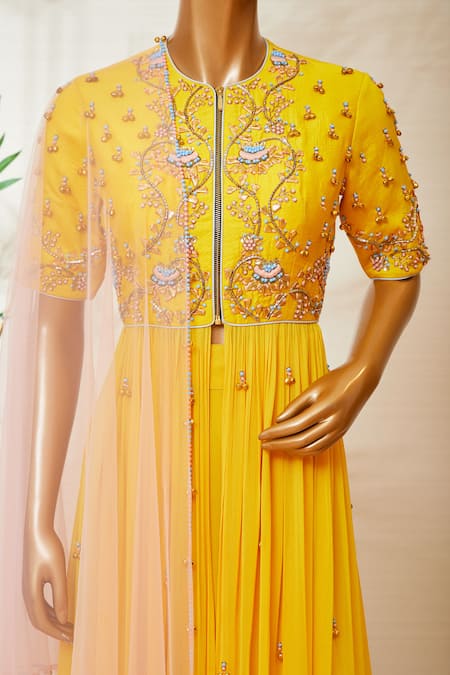 Shop_Dinesh Malkani_Yellow Round Embroidered Anarkali And Sharara Set  _Online_at_Aza_Fashions