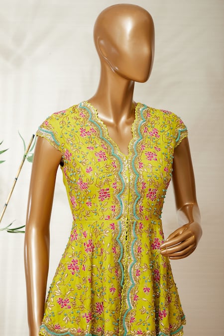 Buy_Dinesh Malkani_Yellow V Neck Embroidered Kurta And Sharara Set  _Online_at_Aza_Fashions