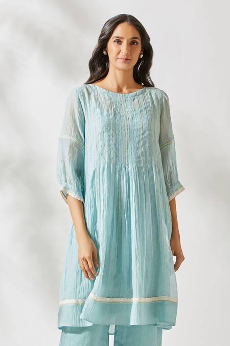 Devyani Mehrotra_Blue Chanderi Round Kurta Set_Online_at_Aza_Fashions