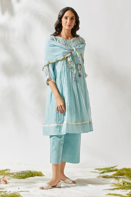 Shop_Devyani Mehrotra_Blue Chanderi Round Kurta Set_Online_at_Aza_Fashions
