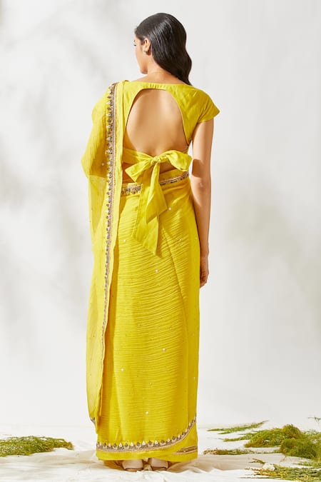 Shop_Devyani Mehrotra_Yellow Viscose Cotton Silk Embroidered Saree_at_Aza_Fashions