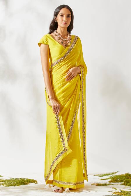 Devyani Mehrotra_Yellow Viscose Cotton Silk Embroidered Saree_Online_at_Aza_Fashions
