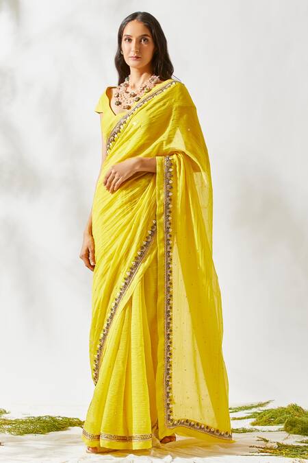 Buy_Devyani Mehrotra_Yellow Viscose Cotton Silk Embroidered Saree_Online_at_Aza_Fashions