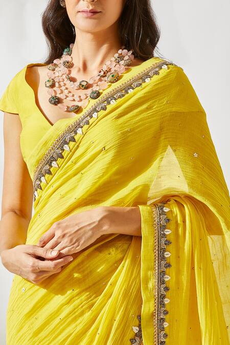 Devyani Mehrotra_Yellow Viscose Cotton Silk Embroidered Saree_at_Aza_Fashions