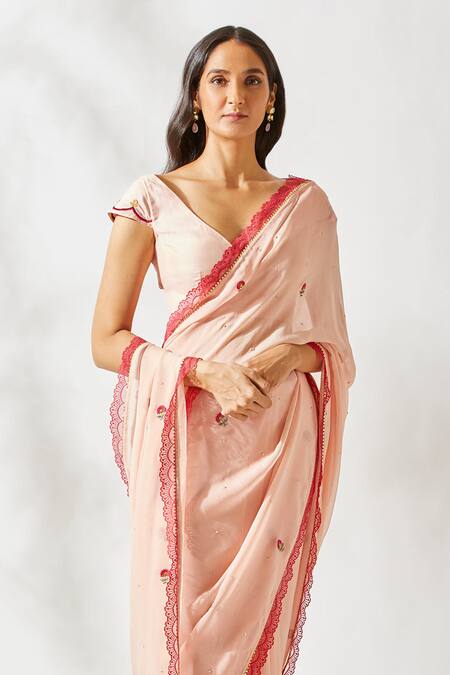 Shop_Devyani Mehrotra_Pink Viscose Georgette Embroidered Saree_Online_at_Aza_Fashions