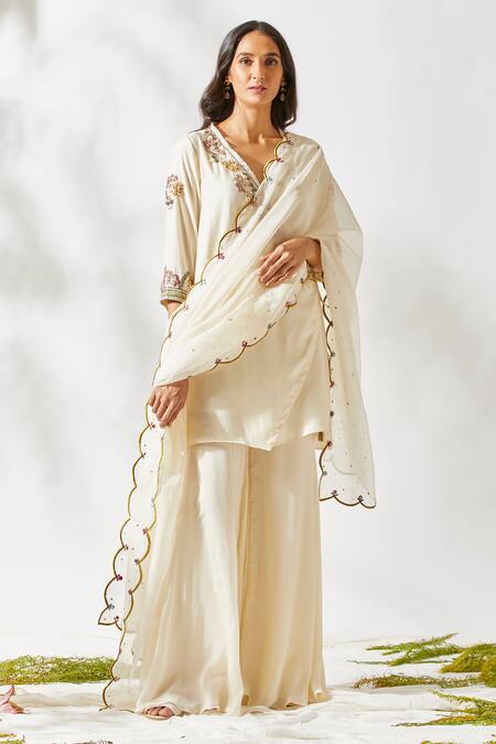 Shop_Devyani Mehrotra_White Viscose Cotton Silk V Neck Embroidered Kurta Set_Online_at_Aza_Fashions
