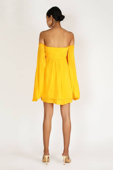 Shop Deme By Gabriella Yellow Crepe Silk Off Shoulder Dress at Aza Fashions Shop_Deme By Gabriella_Yellow Crepe Silk Off Shoulder Dress _at_Aza_Fashions