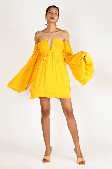 Deme By Gabriella Yellow Crepe Silk Off Shoulder Dress Online at Aza Fashions Deme By Gabriella_Yellow Crepe Silk Off Shoulder Dress _Online_at_Aza_Fashions