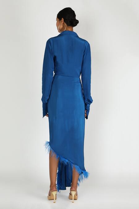 Shop_Deme by Gabriella_Blue Crepe Silk Spread Collar Fringe Asymmetric Gown _at_Aza_Fashions