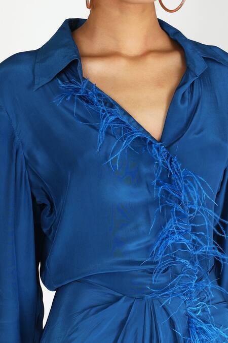 Deme by Gabriella_Blue Crepe Silk Spread Collar Fringe Asymmetric Gown _Online_at_Aza_Fashions