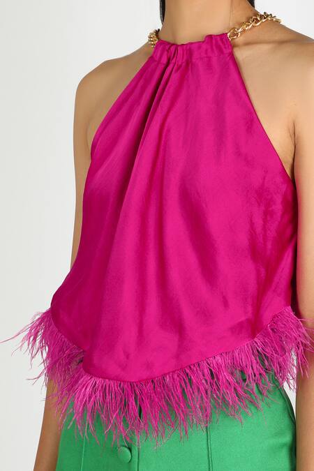 Buy Deme By Gabriella Pink Satin Halter Fringe Top Online at Aza Fashions Buy_Deme By Gabriella_Pink Satin Halter Fringe Top _Online_at_Aza_Fashions