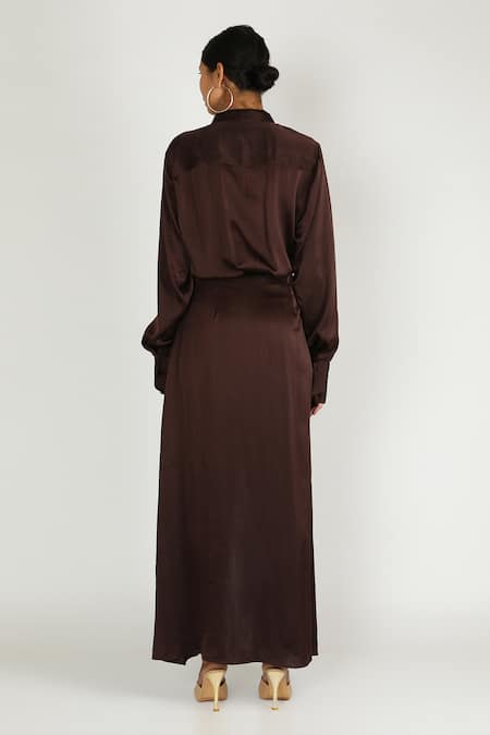 Shop Deme By Gabriella Brown Satin Band Collar Gown at Aza Fashions Shop_Deme By Gabriella_Brown Satin Band Collar Gown _at_Aza_Fashions