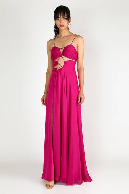 Deme By Gabriella Pink Chiffon V Neck Flared Cutout Gown