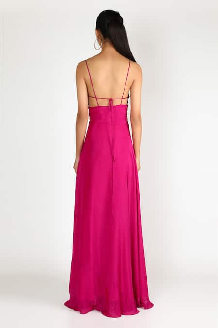 Shop Deme By Gabriella Pink Chiffon V Neck Flared Cutout Gown at Aza Fashions Shop_Deme By Gabriella_Pink Chiffon V Neck Flared Cutout Gown _at_Aza_Fashions