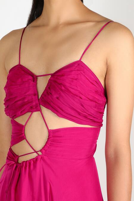 Deme By Gabriella Pink Chiffon V Neck Flared Cutout Gown Online at Aza Fashions Deme By Gabriella_Pink Chiffon V Neck Flared Cutout Gown _Online_at_Aza_Fashions