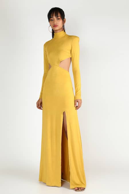 Deme By Gabriella Yellow Jersey High Neck Collar Backless Slit Gown