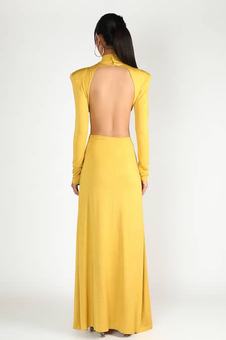 Shop Deme By Gabriella Yellow Jersey High Neck Collar Backless Slit Gown at Aza Fashions Shop_Deme By Gabriella_Yellow Jersey High Neck Collar Backless Slit Gown _at_Aza_Fashions