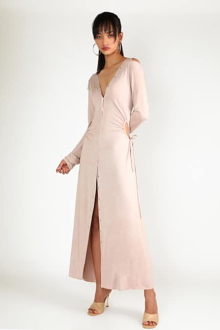 Deme By Gabriella Beige Jersey V Neck Cutout Shirt Gown