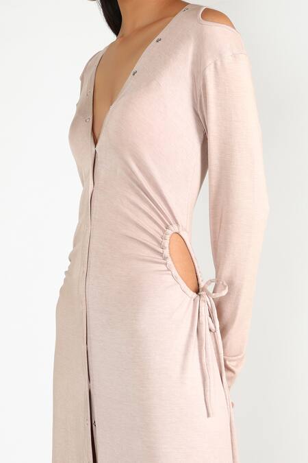 Deme By Gabriella_Beige Jersey V Neck Cutout Shirt Gown _Online_at_Aza_Fashions