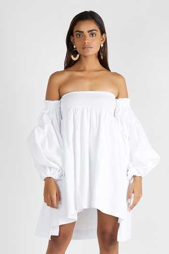 Buy Deme By Gabriella White Cotton Off Shoulder Asymmetric Dress at Aza Fashions Buy_Deme By Gabriella_White Cotton Off Shoulder Asymmetric Dress_at_Aza_Fashions