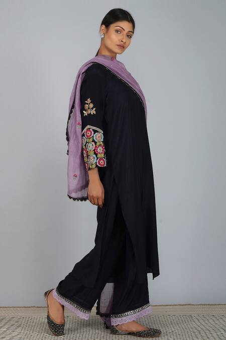 Devyani Mehrotra_Black Viscose Muslin Embroidered Kurta Set_Online_at_Aza_Fashions