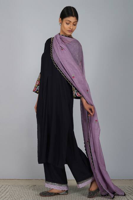 Buy_Devyani Mehrotra_Black Viscose Muslin Embroidered Kurta Set_Online_at_Aza_Fashions
