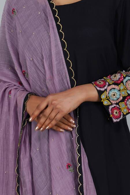 Shop_Devyani Mehrotra_Black Viscose Muslin Embroidered Kurta Set_Online_at_Aza_Fashions
